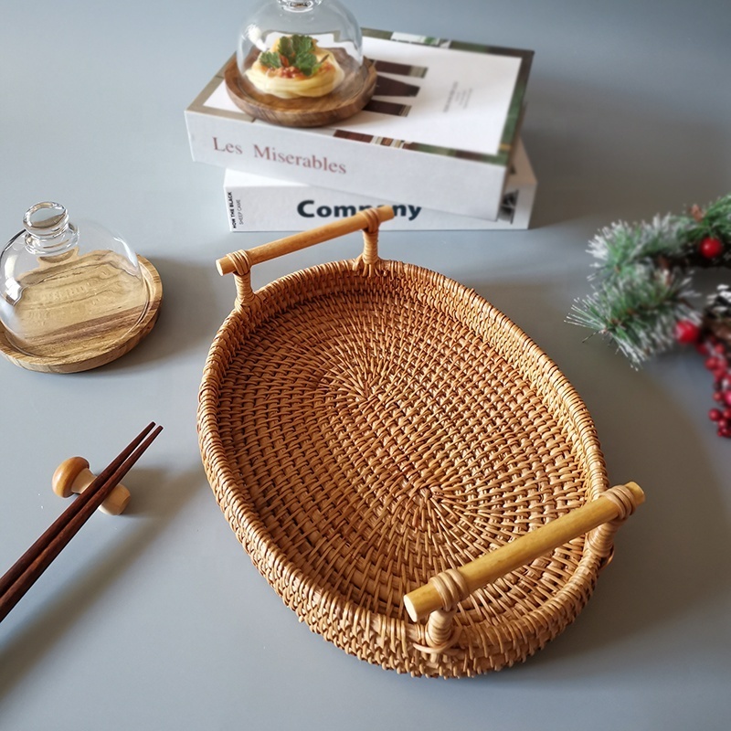 Woven Storage Bread Basket Set Vietnam Boho Retro Style Round Rattan Serving Tray With Handles