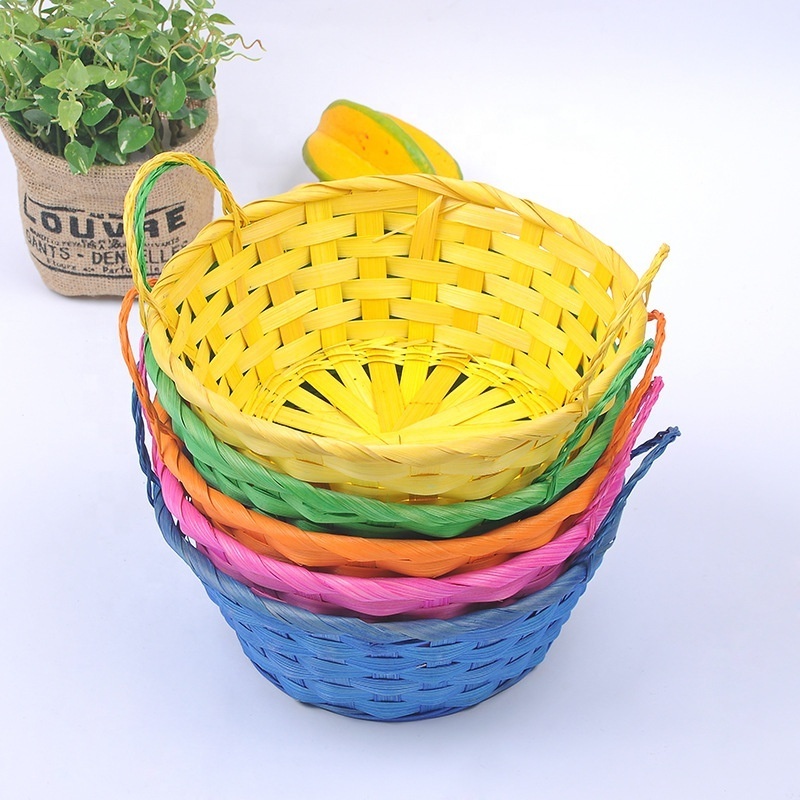 Portable Plant Pink Flower Baskets Flat Bamboo Round Easter Storage Basket With Handles