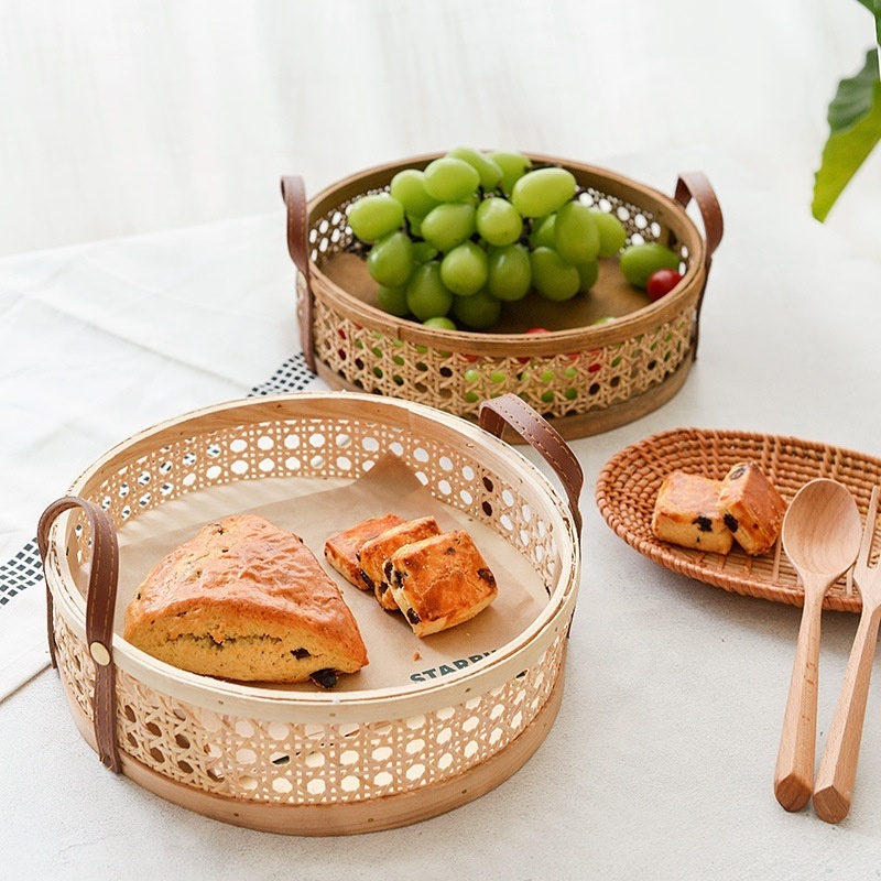 Good Quality Round Trays Desktop Decoration Weave Storage Basket Colourful Fruit Woven Extra Large Rattan Tray