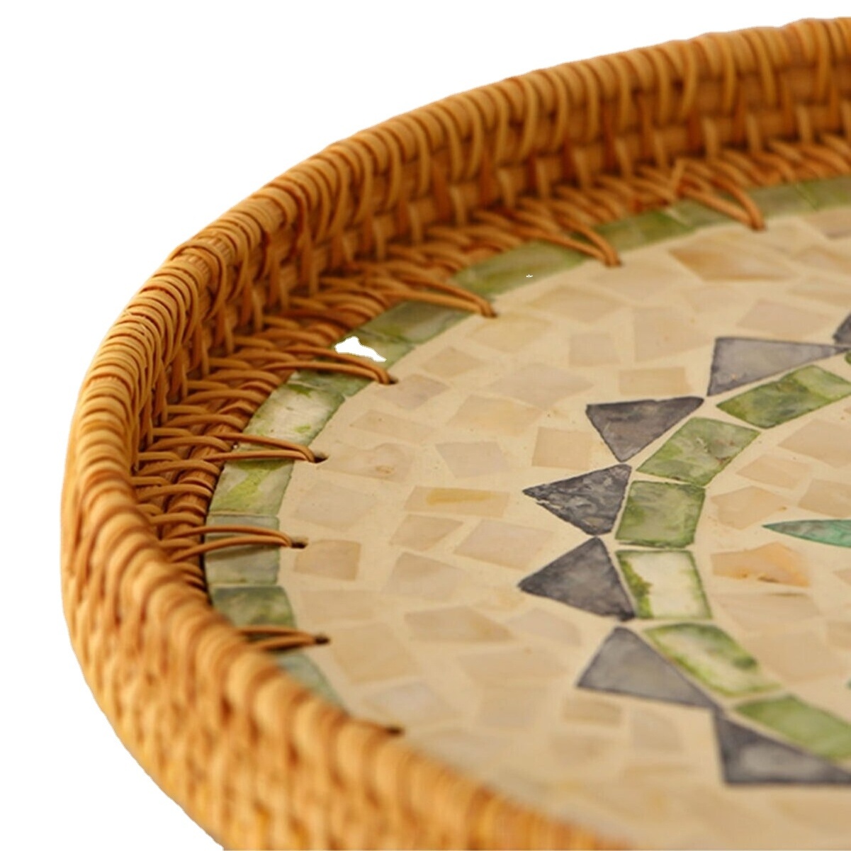 Factory Rattan MOP trays Antique Luxury Ramadan holiday Round Rattan MOP Serving Tray With Handles Set Storage Decorative Trays