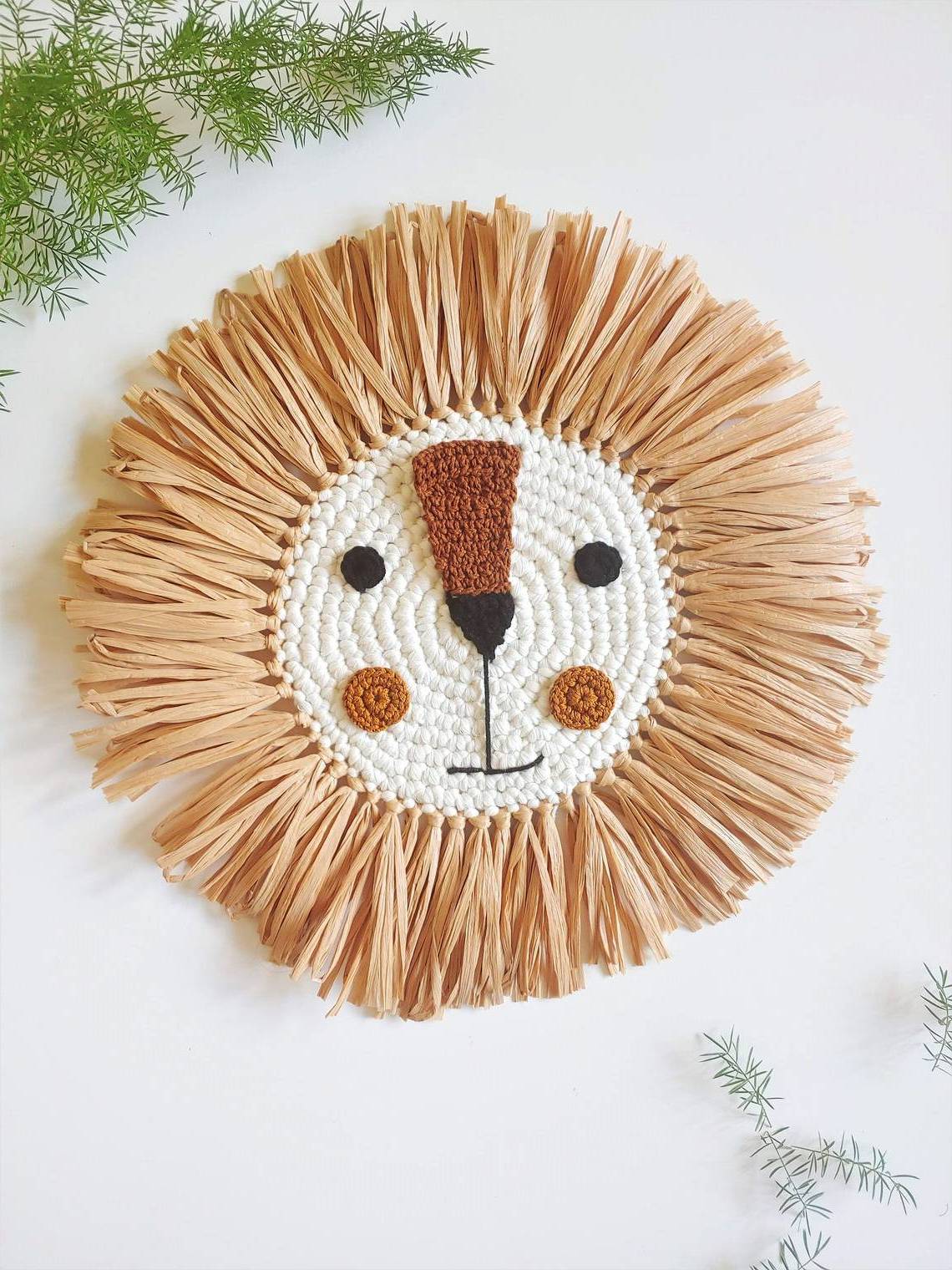 Custom wall mounted lovely crochet lion head lion face rattan macrame home decor for boho nursery decor