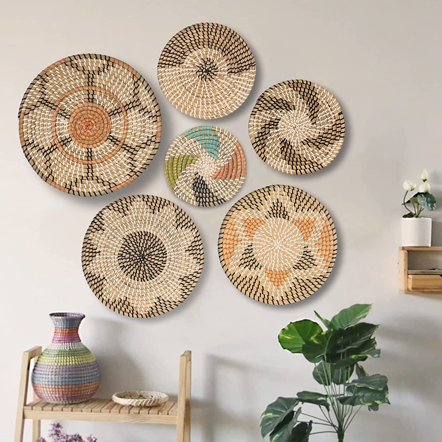 Multiple styles Round Seagrass Hand woven Wall Hanging Basket Woven Basket Wall Decor Set Home Decor