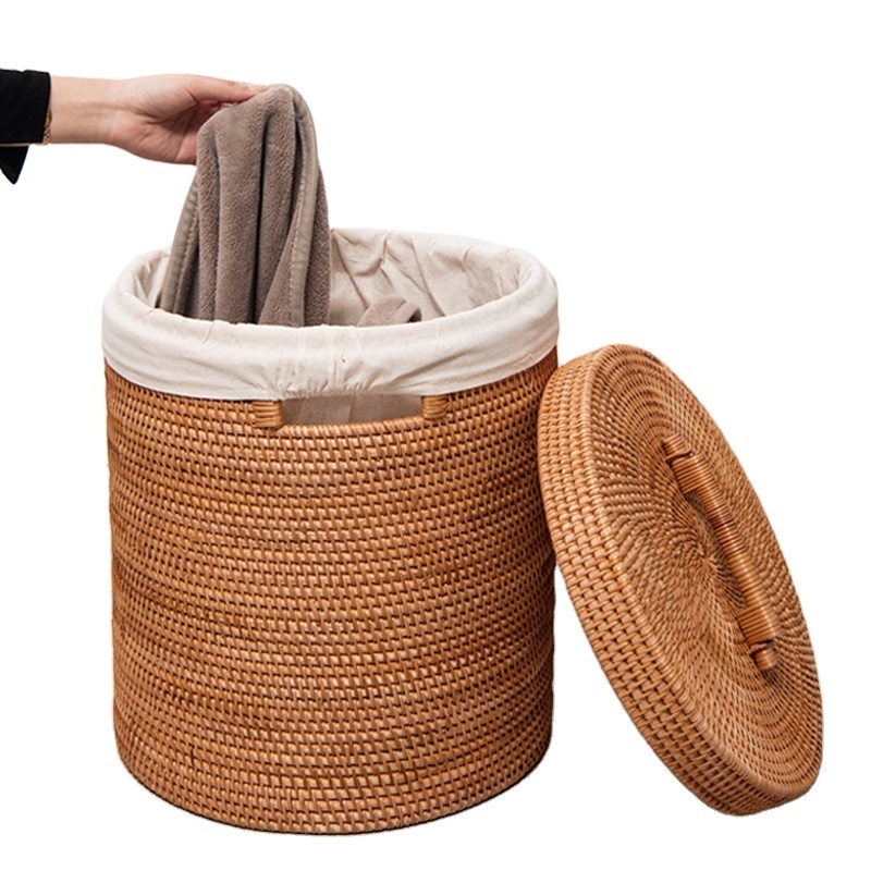 Wholesale Vietnam Vintage Woven Rattan Storage Basket Handwoven Round Rattan Laundry Baskets With Handle For Home Storage