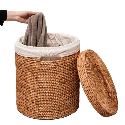 Wholesale Vietnam Vintage Woven Rattan Storage Basket Handwoven Round Rattan Laundry Baskets With Handle For Home Storage