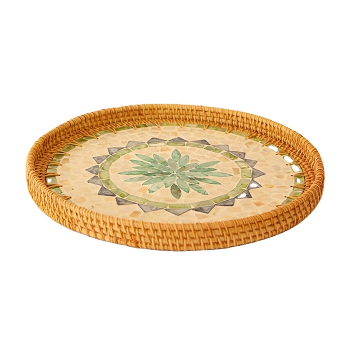 Factory Rattan MOP trays Antique Luxury Ramadan holiday Round Rattan MOP Serving Tray With Handles Set Storage Decorative Trays