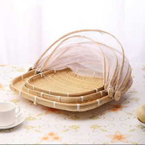 Round Net Tent Dome Mini Tray Eco Friendly Cheap Basket Bamboo Food Serving Cover for Breakfast