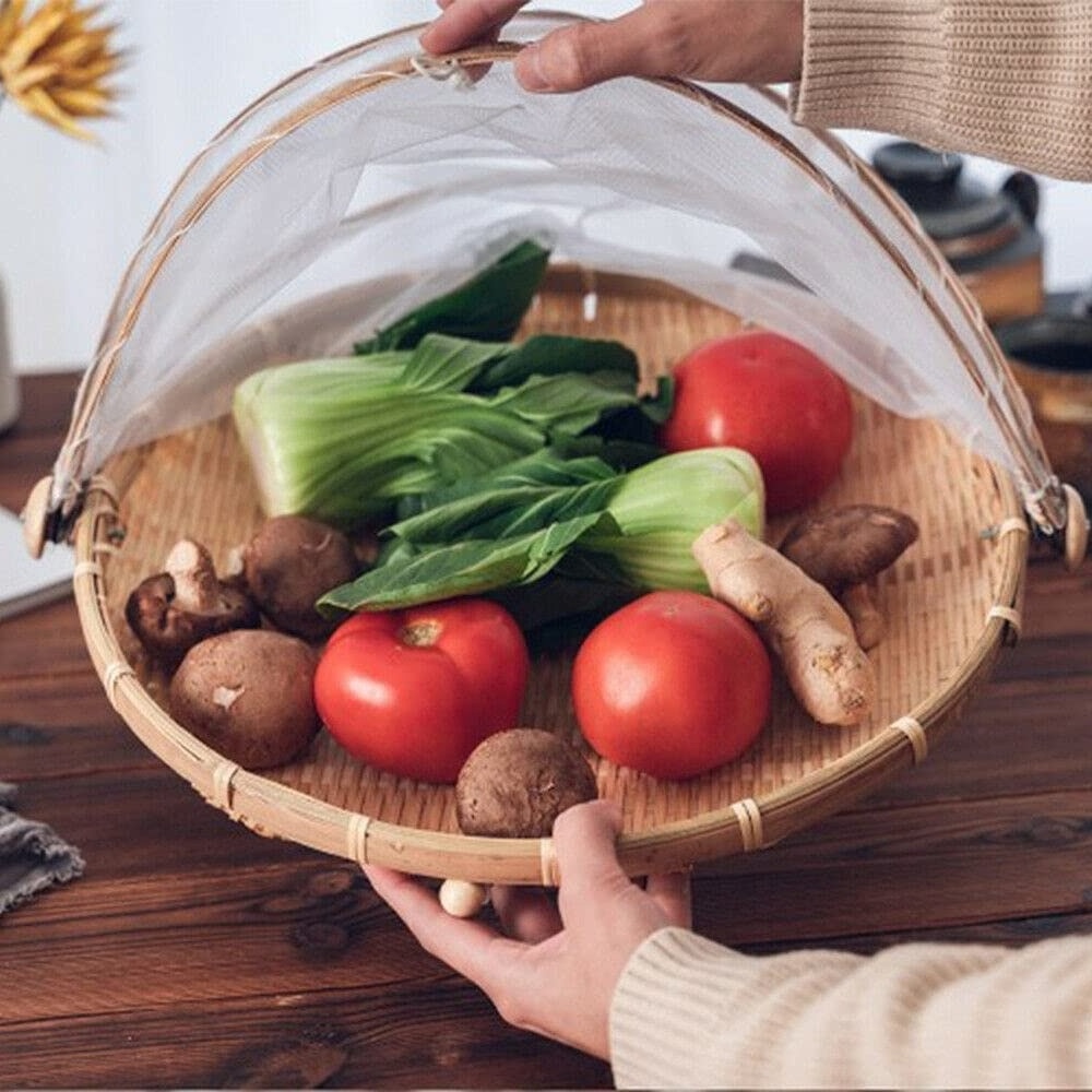 Round Net Tent Dome Mini Tray Eco Friendly Cheap Basket Bamboo Food Serving Cover for Breakfast