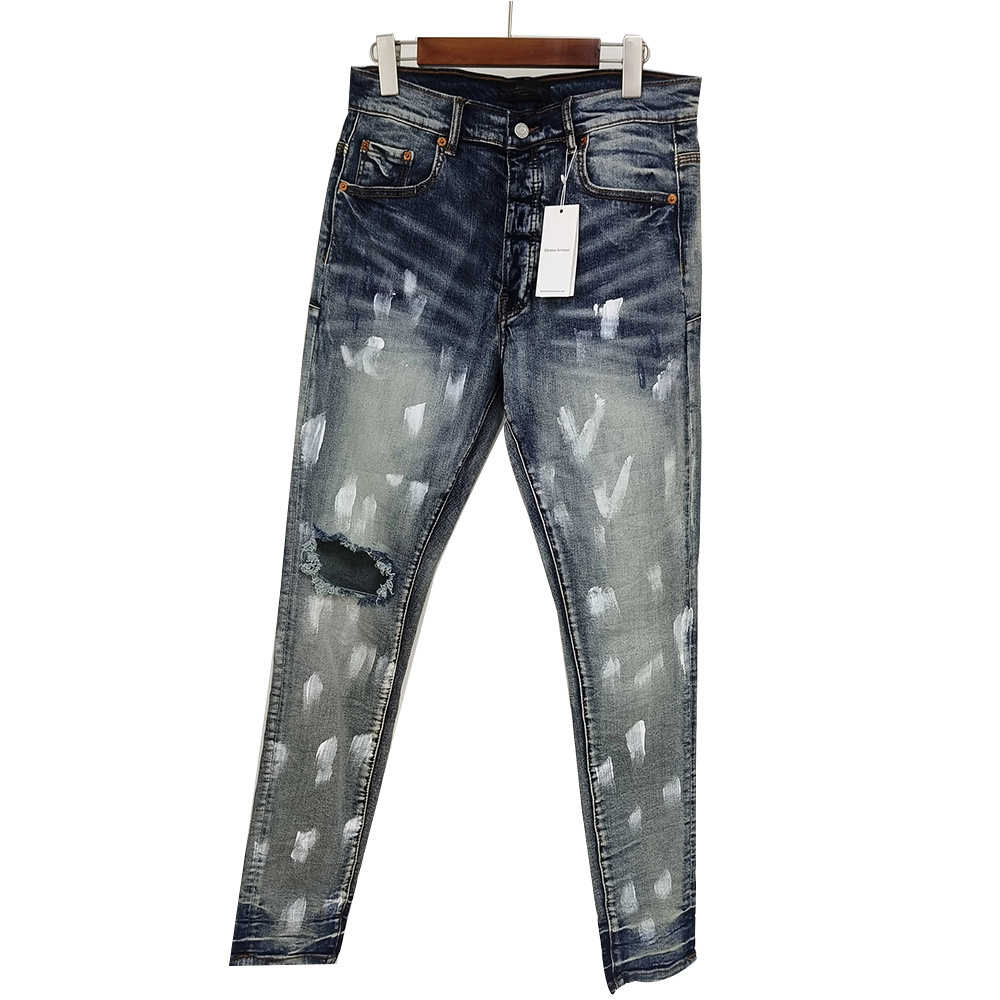 2023 unique men designer jeans oil printed hole custom crumple jeans for men skinny jeans