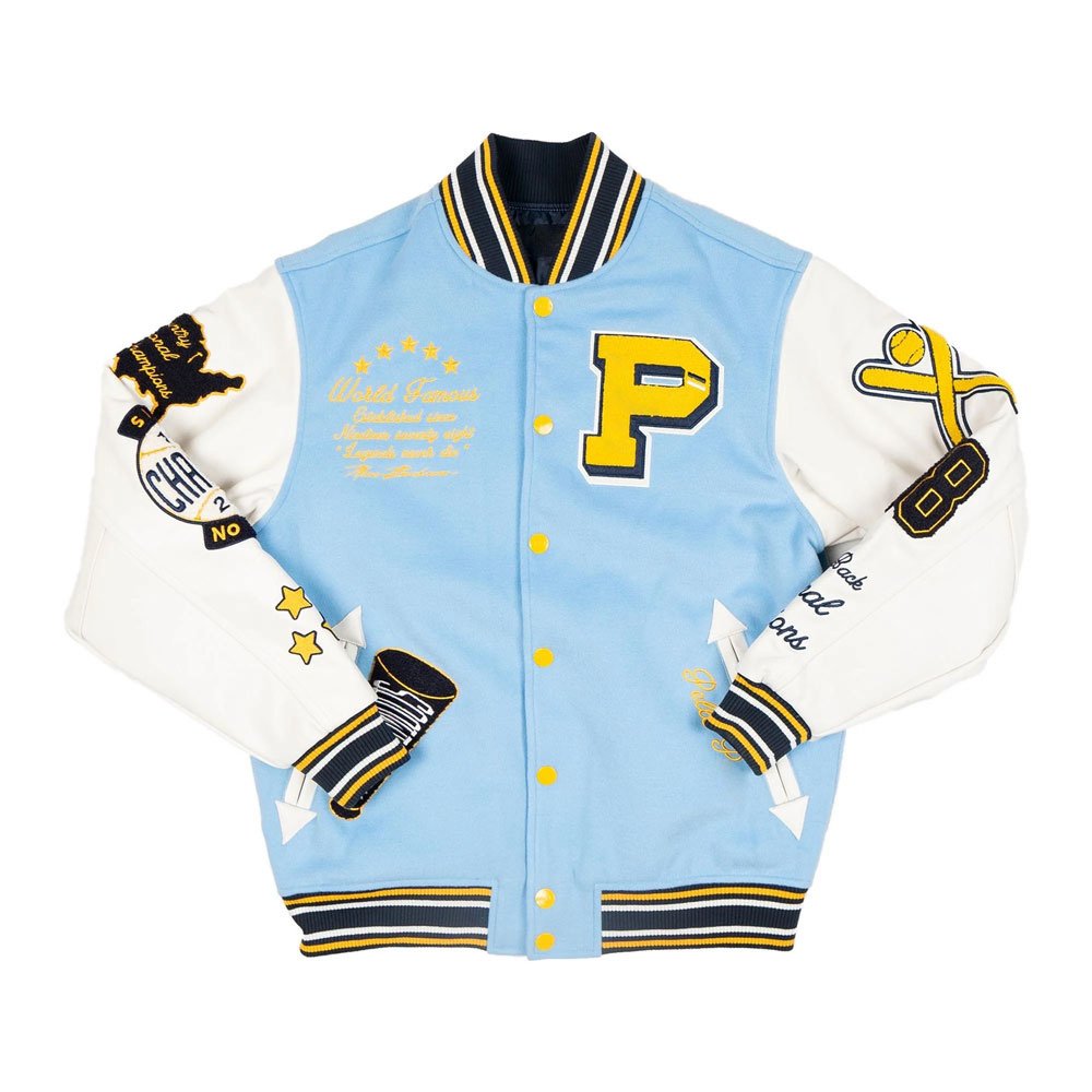 custom logo Striped patchwork yellow jacket serie men full custom wool leather sleeves varsity jacket custom varsity jacket