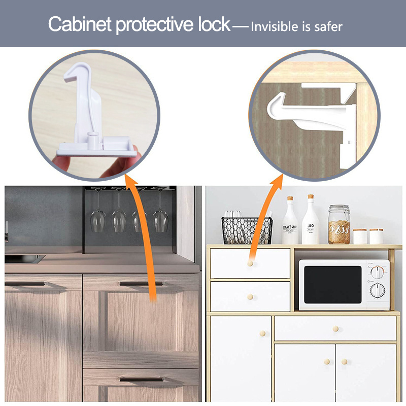 Invisible Baby Proofing Cabinet Latch Locks (10 Pack) - No Drilling or Tools Required for Installation, Works with Most Cabinets