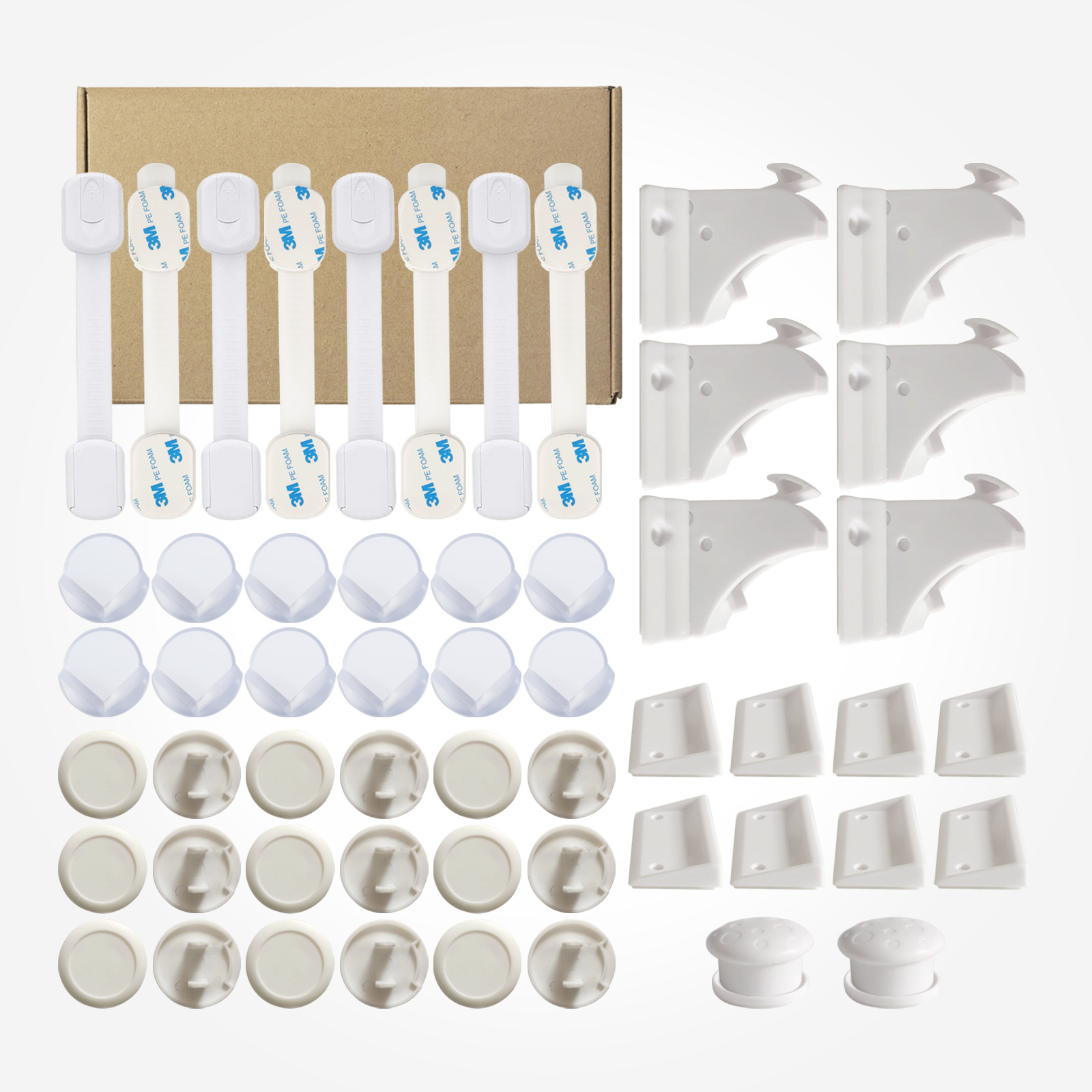 Baby Proofing Kit Cabinet Locks 8 Locks 2 Keys Adjustable Latches 8 Pack Corner Guards 12 Pack Outlet Plug Cover 18 Pack