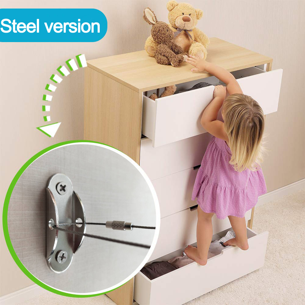 Metal Furniture Anchors for Child Safety Security and Protection-Baby-Proofing Straps for Cabinets Doors and Drawers