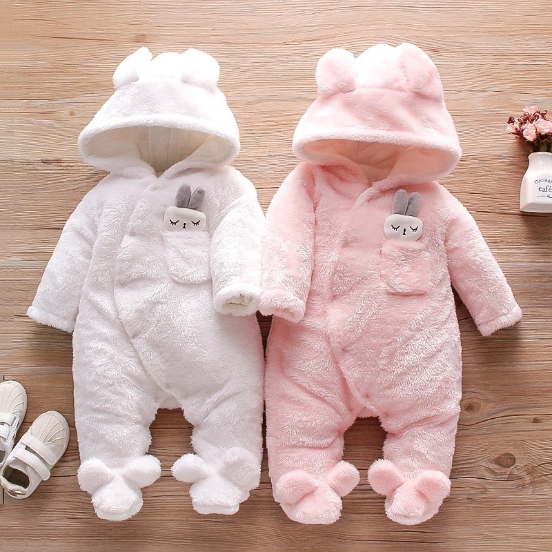 Wholesale Infant Plush Soft Baby Jumpsuit hooded collar comfortable kids boys girls winter warm clothes baby romper