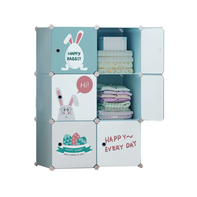 Cute Cartoon Children's Wardrobe Simple Foldable DIY Cube Storage Cabinets Kids Bedroom Modern Baby Plastic Collapsible Wardrobe