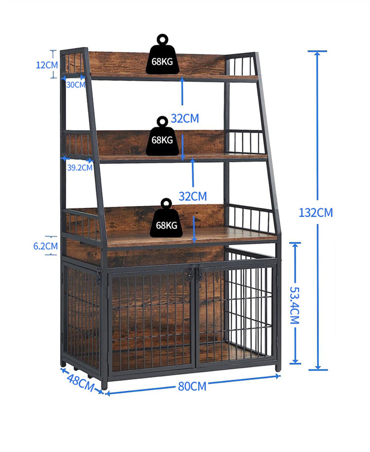 Wall-Mounted 3-Layer Metal Dog Cage Double-Tiered Iron Wood Storage Rack for Puppies Sundries Organizer