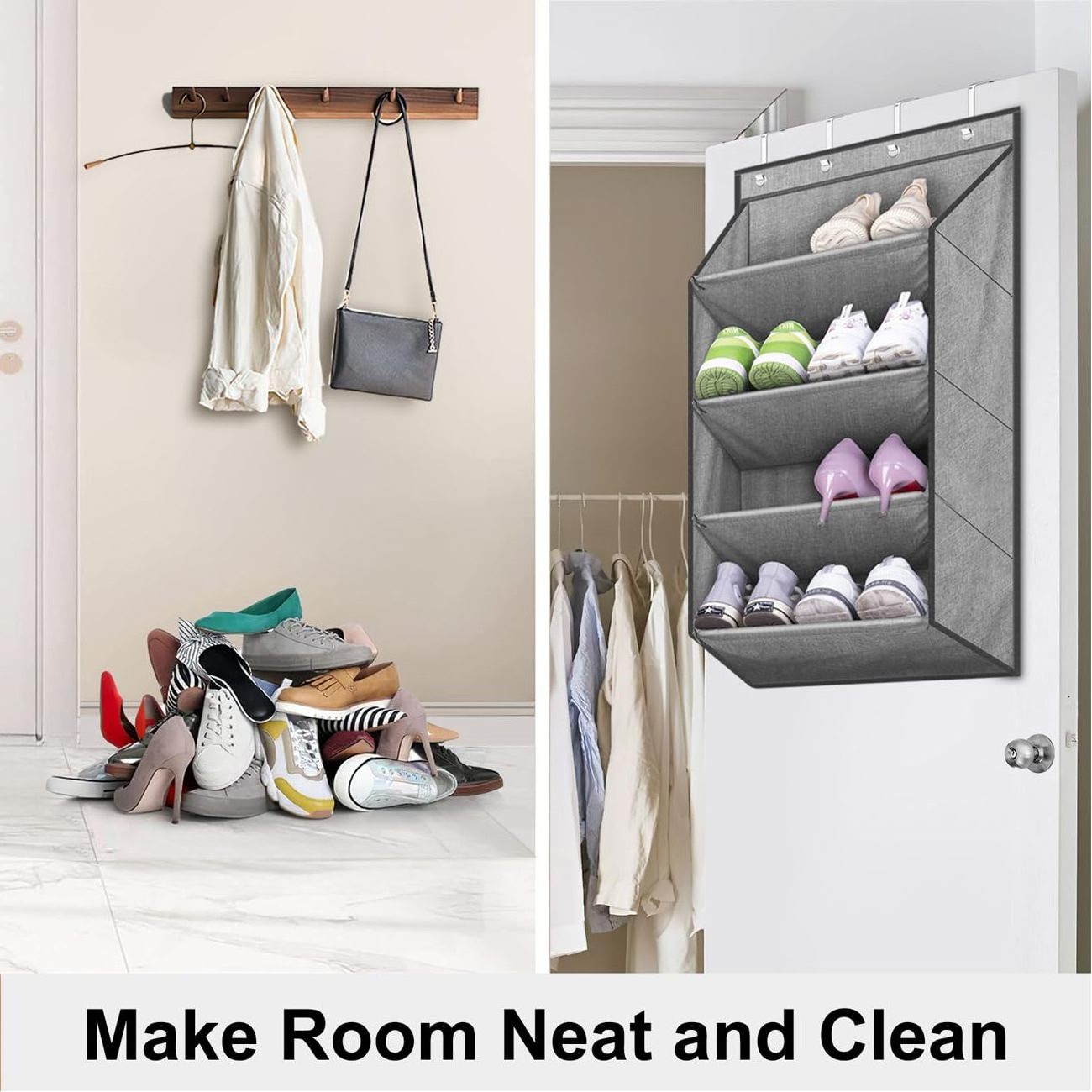 Door Shoe Organizer for Closet with Large Deep Pockets Narrow Shoe Rack for Door Hanging Boots Storage Black