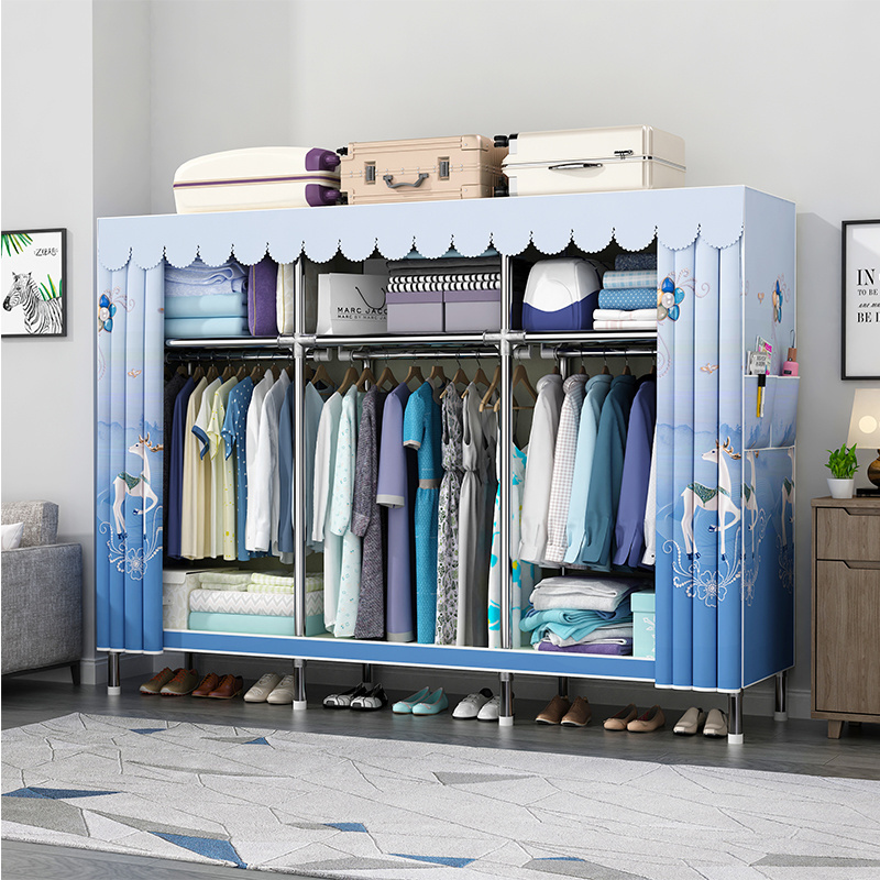 195cm Long Sturdy Cloth Wardrobe Assembled Portable Clothes Storage Cabinet Steel Pipe Closet