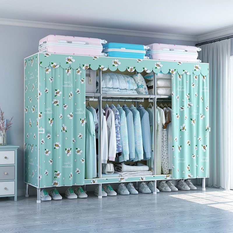 195cm Long Sturdy Cloth Wardrobe Assembled Portable Clothes Storage Cabinet Steel Pipe Closet