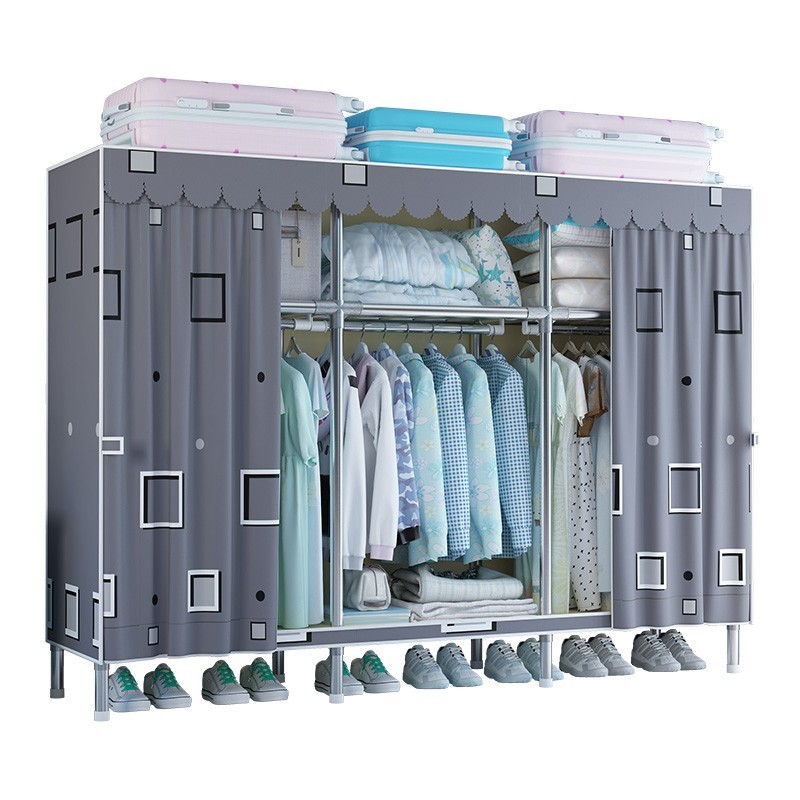 195cm Long Sturdy Cloth Wardrobe Assembled Portable Clothes Storage Cabinet Steel Pipe Closet