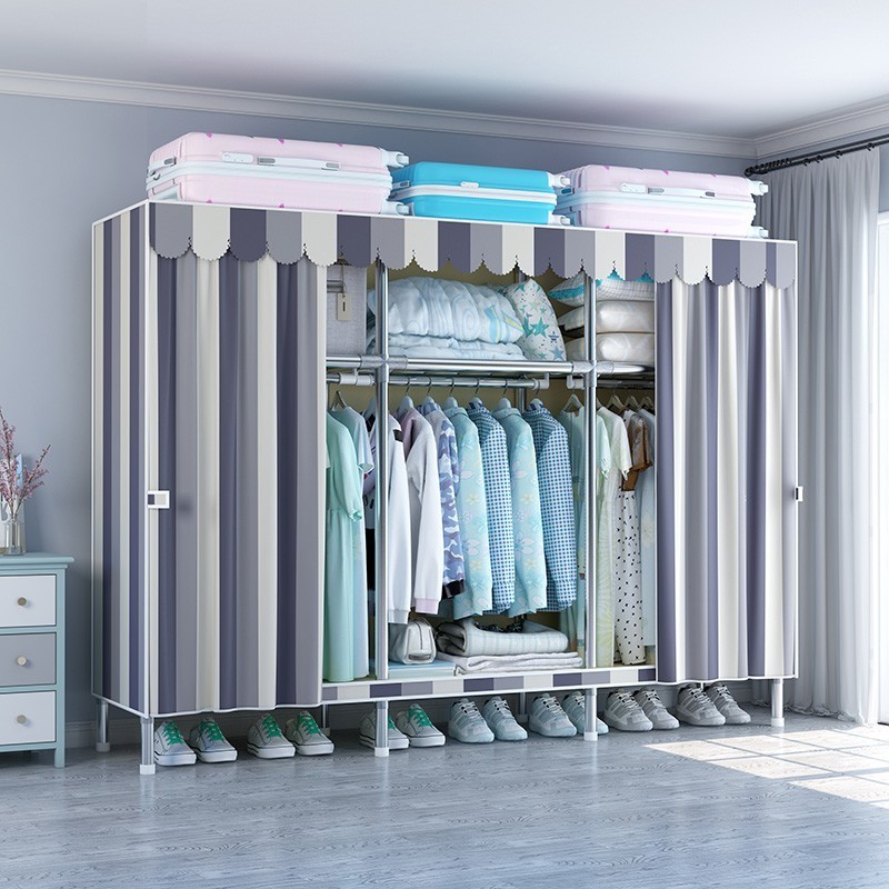 195cm Long Sturdy Cloth Wardrobe Assembled Portable Clothes Storage Cabinet Steel Pipe Closet