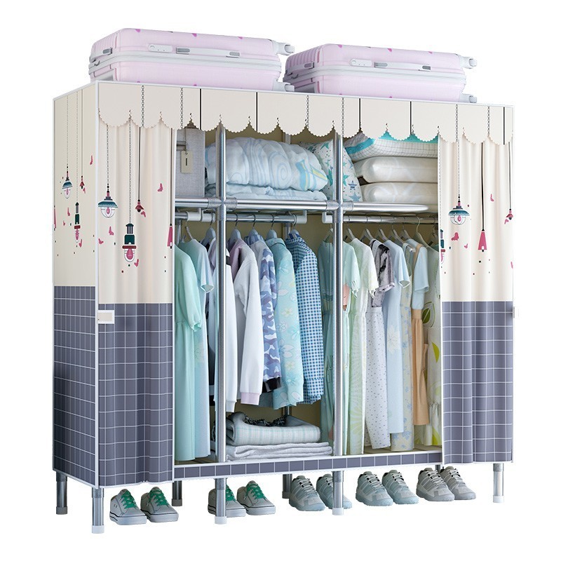 150cm Portable Canvas Closet Double Sliding Door Clothes Storage Cabinet DIY Clothes Organizer Cloth Wardrobe