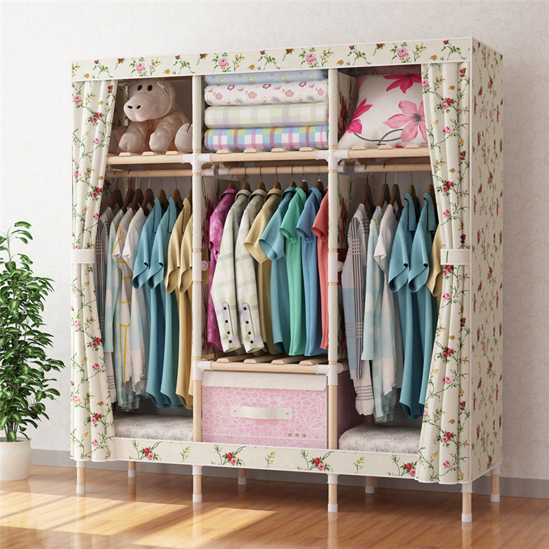 Kids Wooden Wardrobe Portable Closet Organizers Oxford Fabric Wood Closet Wardrobe Combination for Bedroom