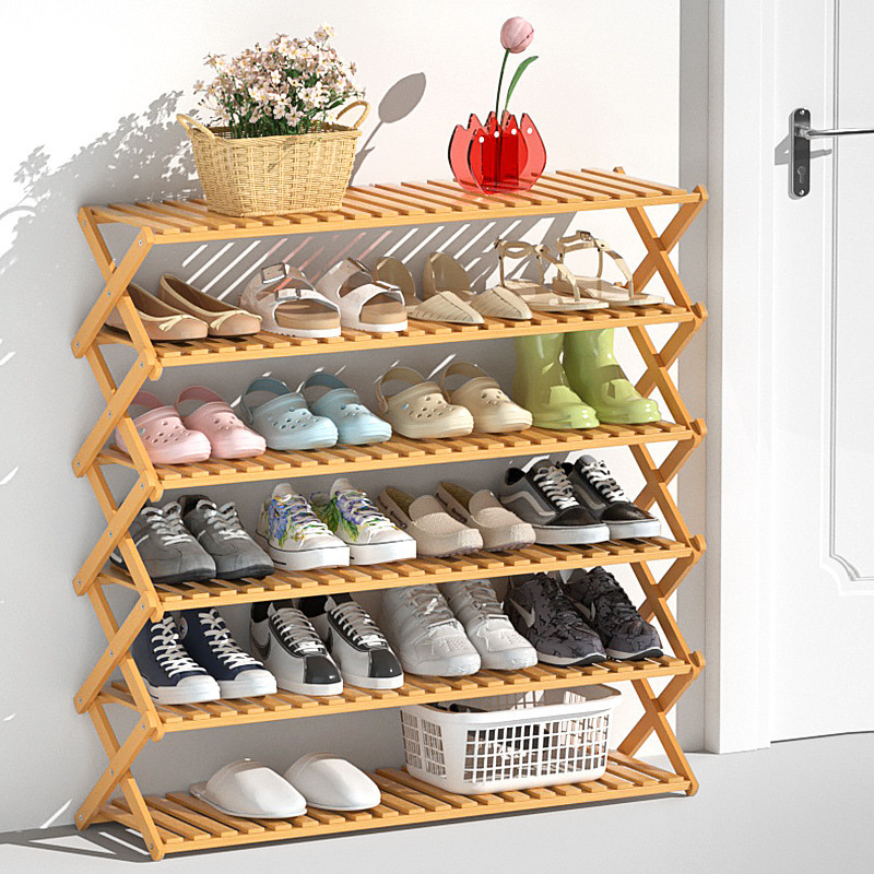 Entryway Multi-layer Foldable Shoe Rack Portable Shoe Rack Storage Organizer Multi-function Bamboo Shelf Stackable