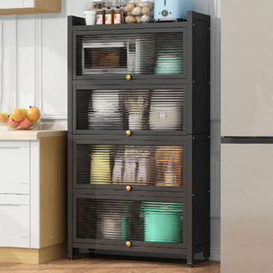 55CM Width Carbon Steel Kitchen Storage Rack with Doors Black & White Color 5 Layers Kitchenware Storage Shelf