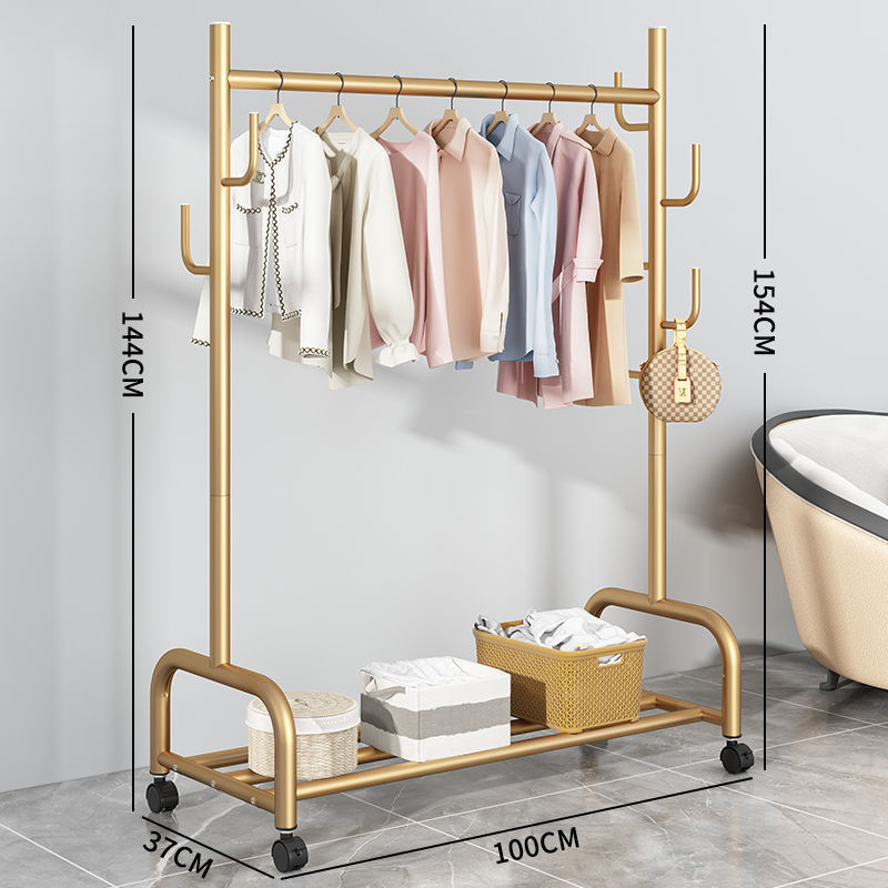 100cm Long Bedroom Freestanding Metal Corner Coat Racks Single Layer Golden Clothes Shelf with Bag Hooks