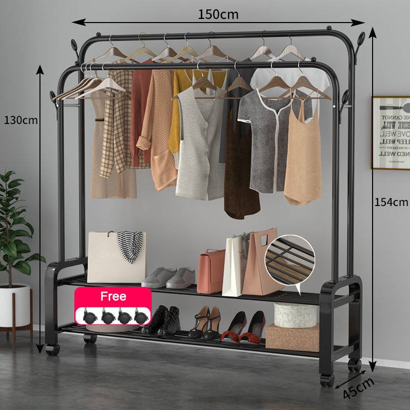 Black Iron Frame Minimalist Household Bedroom Clothes Hanger Stand Rack Double Row Storage Shelf