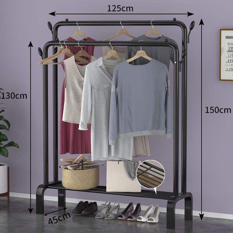 Black Iron Frame Minimalist Household Bedroom Clothes Hanger Stand Rack Double Row Storage Shelf