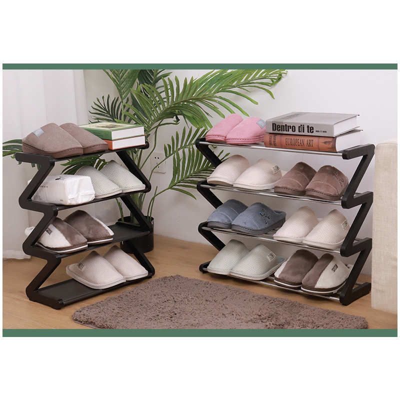 4 Tiers Dust-proof Shoe Cabinet Entrance New Z-shaped Shoe Rack Steel Pipe or Fabric DIY Simple Shoes Rack