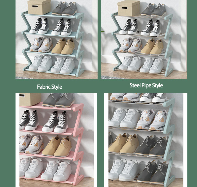 4 Tiers Dust-proof Shoe Cabinet Entrance New Z-shaped Shoe Rack Steel Pipe or Fabric DIY Simple Shoes Rack