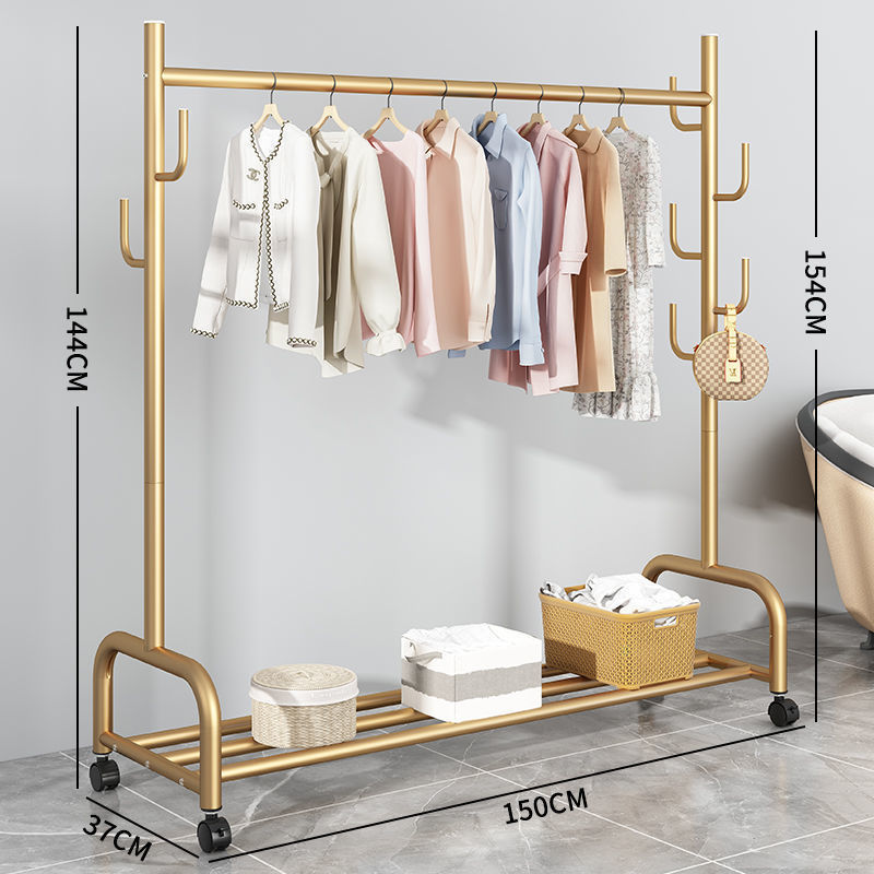 Industrial Iron Round Pipe Clothes Rack with Wheels Household Portable Clothes Hanger Rack Single Layer Designs