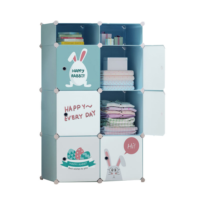 Cute Cartoon Children's Wardrobe Simple Foldable DIY Cube Storage Cabinets Kids Bedroom Modern Baby Plastic Collapsible Wardrobe