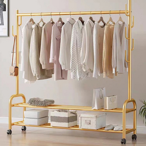 165CM Height Commercial Movable Round Pole Storage Racks Shelf Home Clothes Rack with Wheels Gold Color Coat Stand