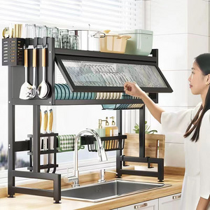 Double Layers Storage Rack Large Capacity Black Metal Drain Rack Space Saving Storage Rack for Kitchen