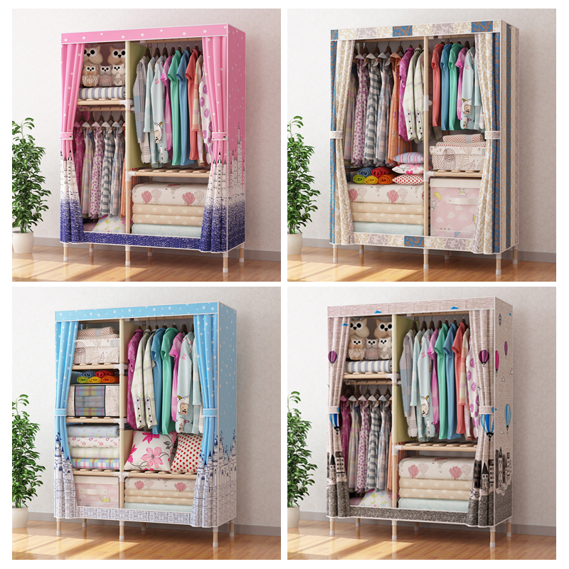 Cheap bedroom detachable cabinet folding assemble designs colourful fabric wooden portable cupboard wardrobe