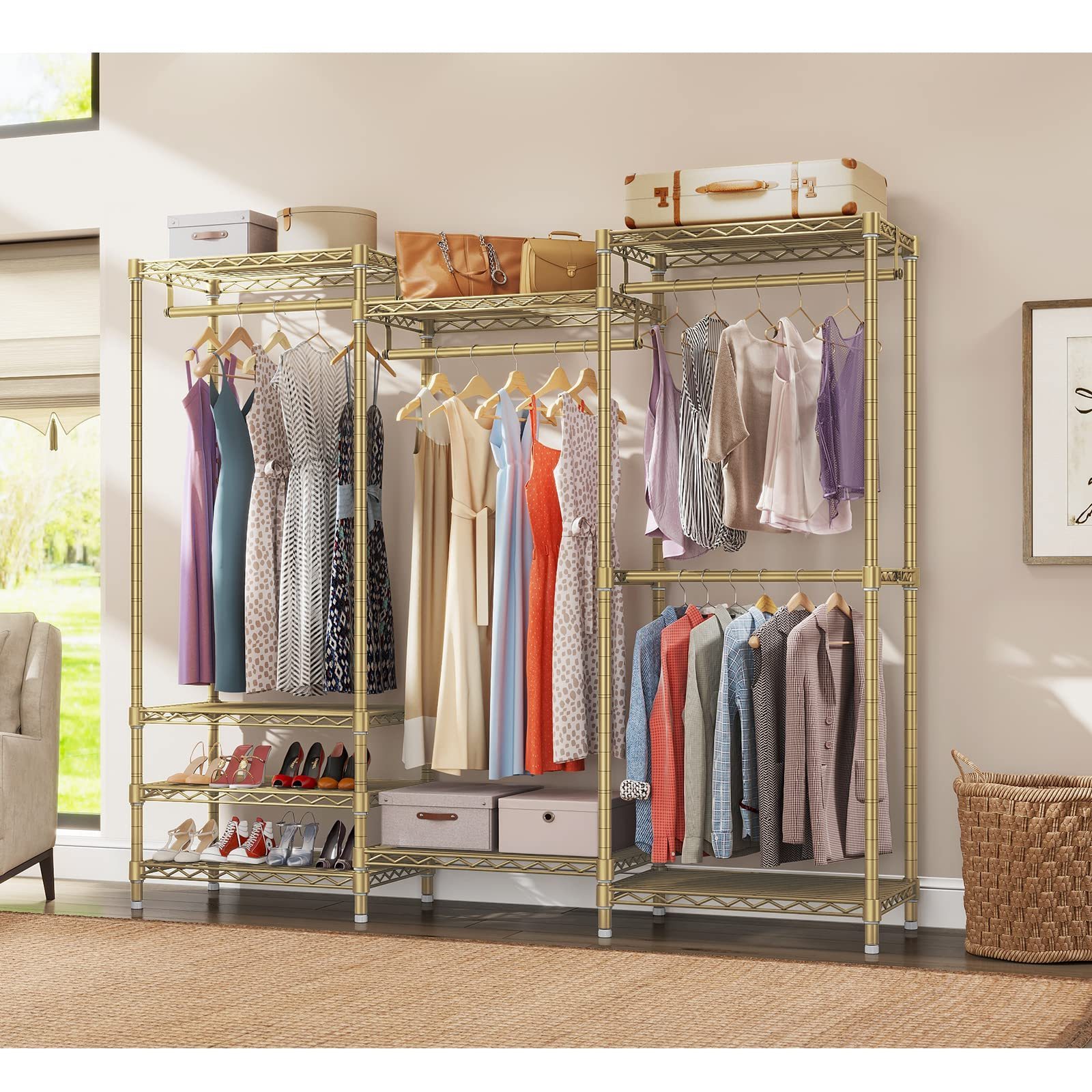 Heavy Duty Portable Closet Wardrobe 4 Hang Rods Freestanding Clothing Rack Living Room School Laundry Home Bar Home Furniture