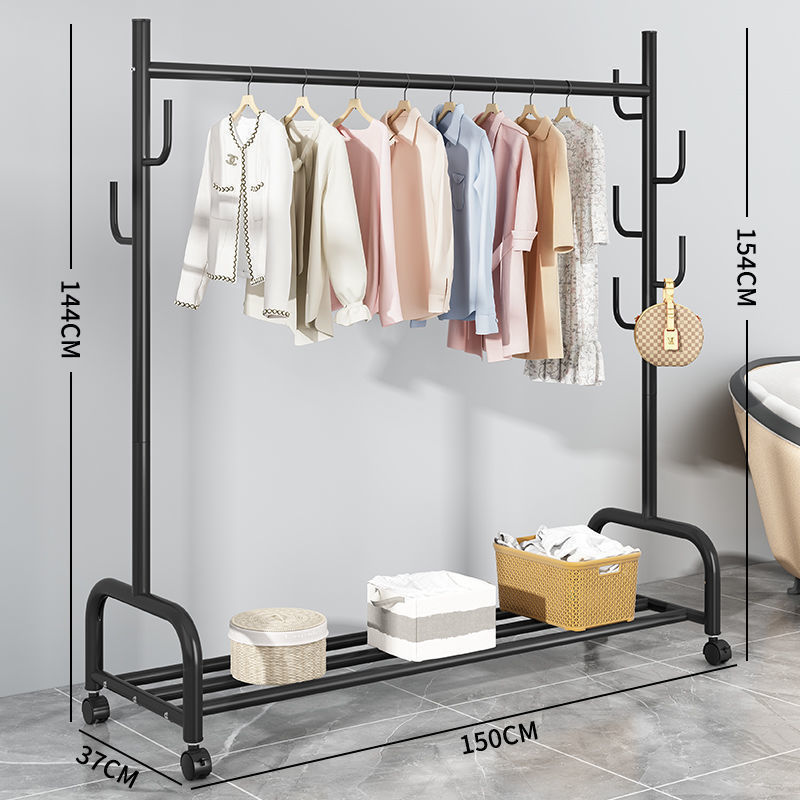 Industrial Iron Round Pipe Clothes Rack with Wheels Household Portable Clothes Hanger Rack Single Layer Designs