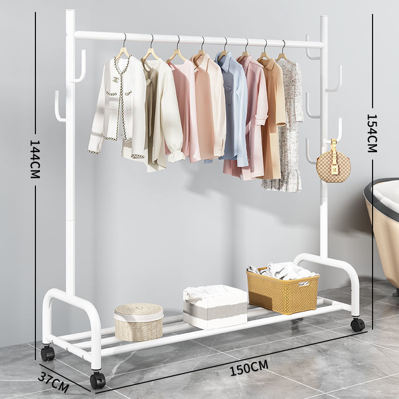 Industrial Iron Round Pipe Clothes Rack with Wheels Household Portable Clothes Hanger Rack Single Layer Designs