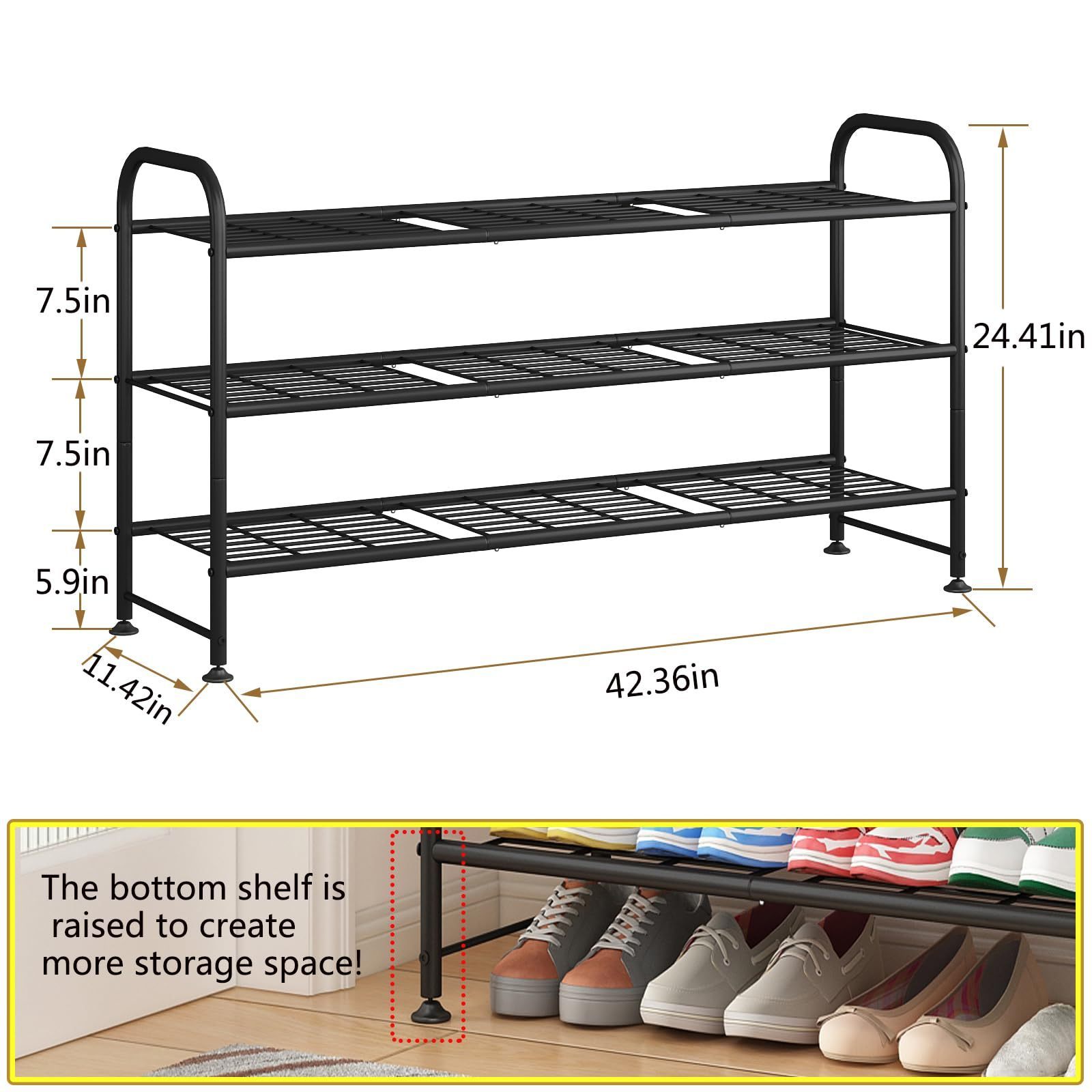 Shoe rack with 3 layers of storage and storage rack suitable for closet foyer metal black