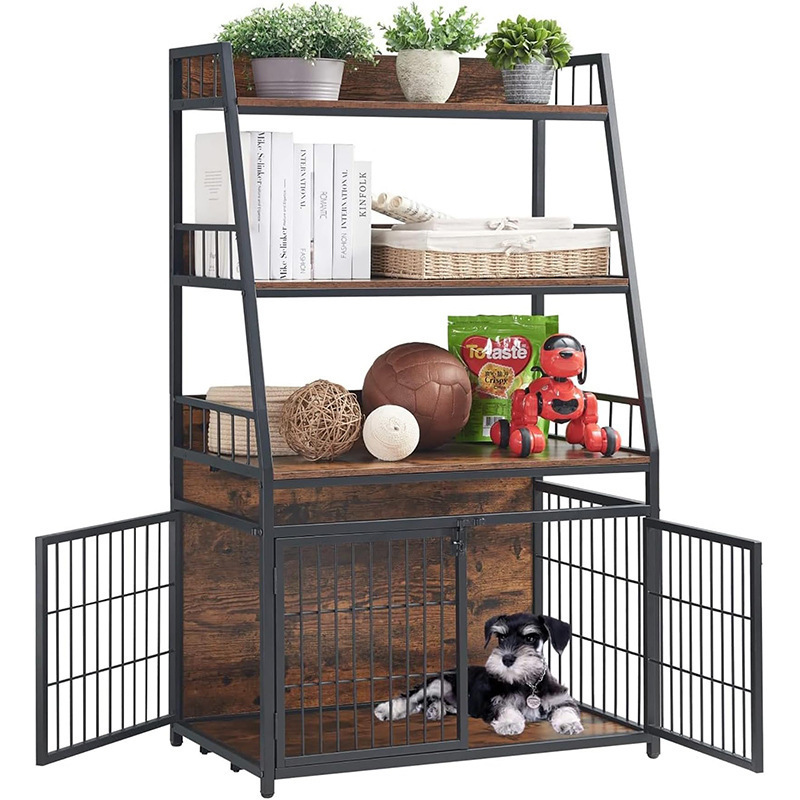 Wall-Mounted 3-Layer Metal Dog Cage Double-Tiered Iron Wood Storage Rack for Puppies Sundries Organizer