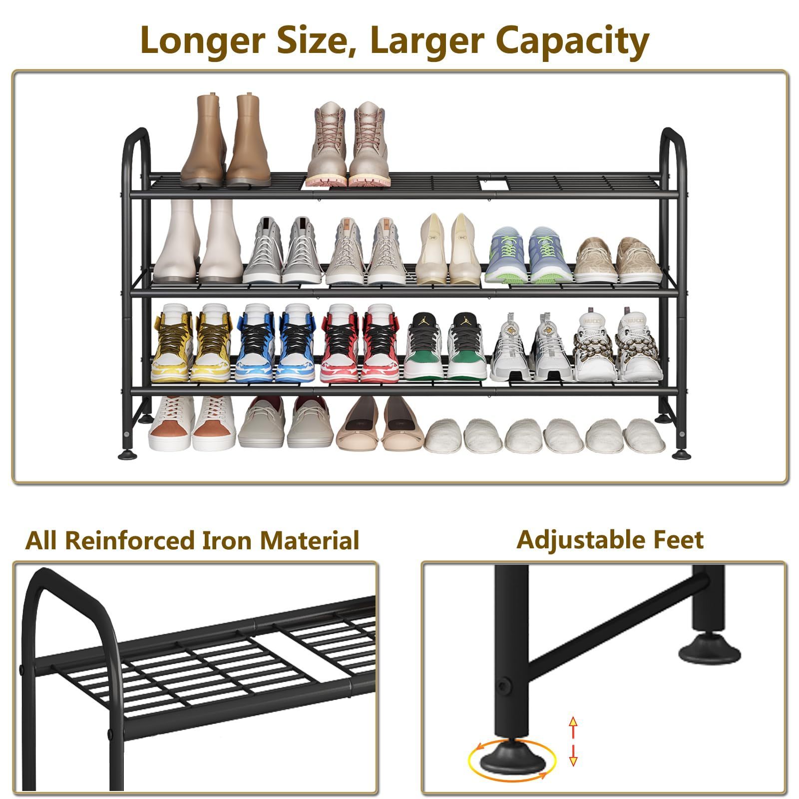 Shoe rack with 3 layers of storage and storage rack suitable for closet foyer metal black