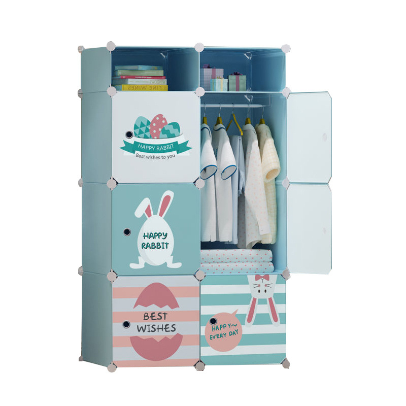 Cute Cartoon Children's Wardrobe Simple Foldable DIY Cube Storage Cabinets Kids Bedroom Modern Baby Plastic Collapsible Wardrobe