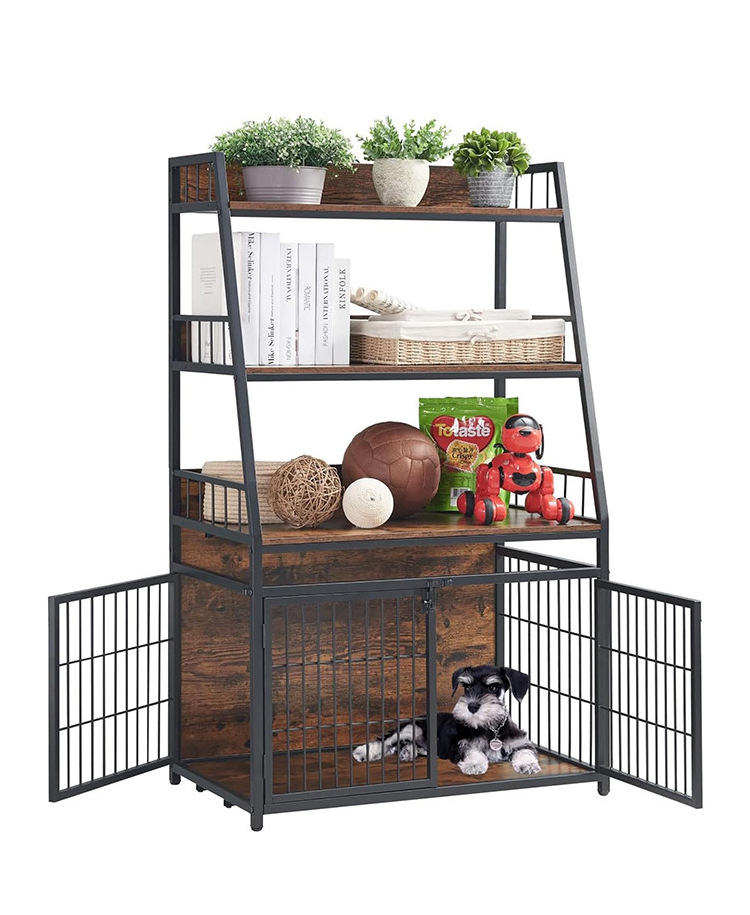 Wall-Mounted 3-Layer Metal Dog Cage Double-Tiered Iron Wood Storage Rack for Puppies Sundries Organizer