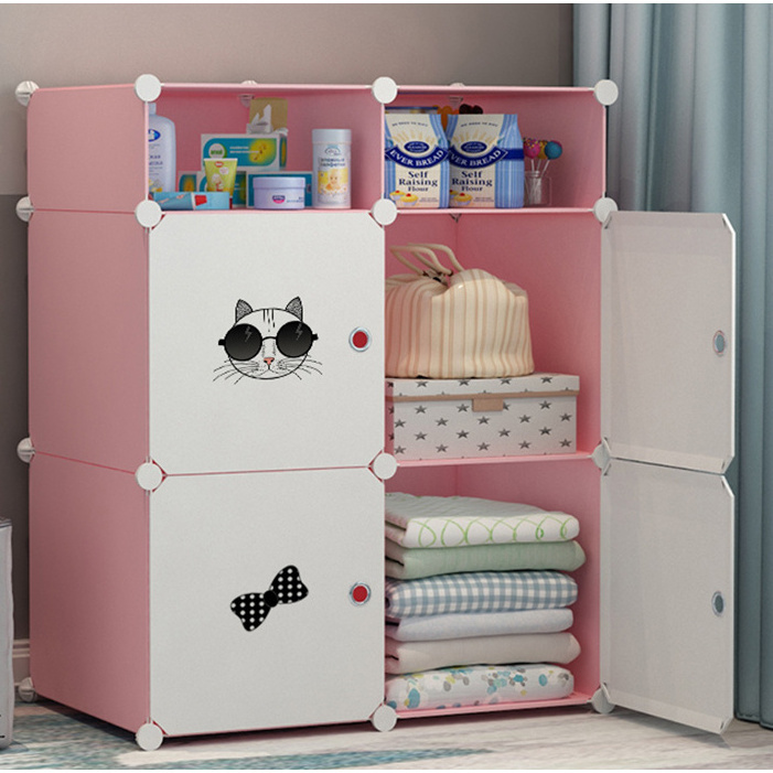 Bedroom Cartoon Children Closet Portable 10 Cubes DIY Living Room kids Clothes Storage Organizer Pink Plastic Wardrobe Cabinet