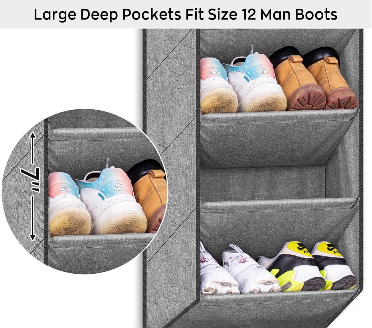 Door Shoe Organizer for Closet with Large Deep Pockets Narrow Shoe Rack for Door Hanging Boots Storage Black