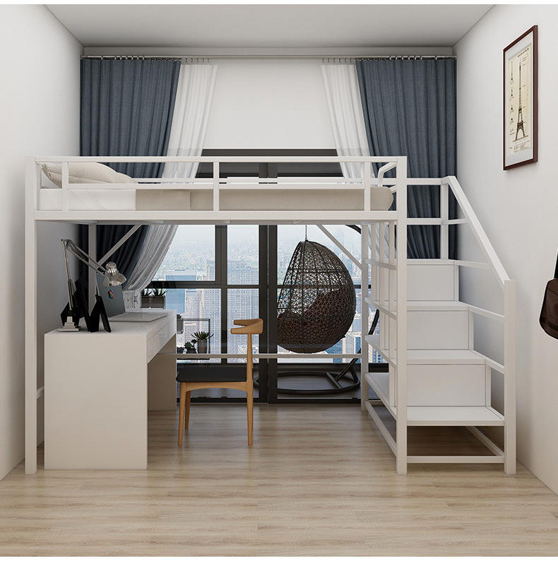 Adult loft bed white loft metal bed heavy duty bed iron frame bedroom furniture queen full size industrial metal frame