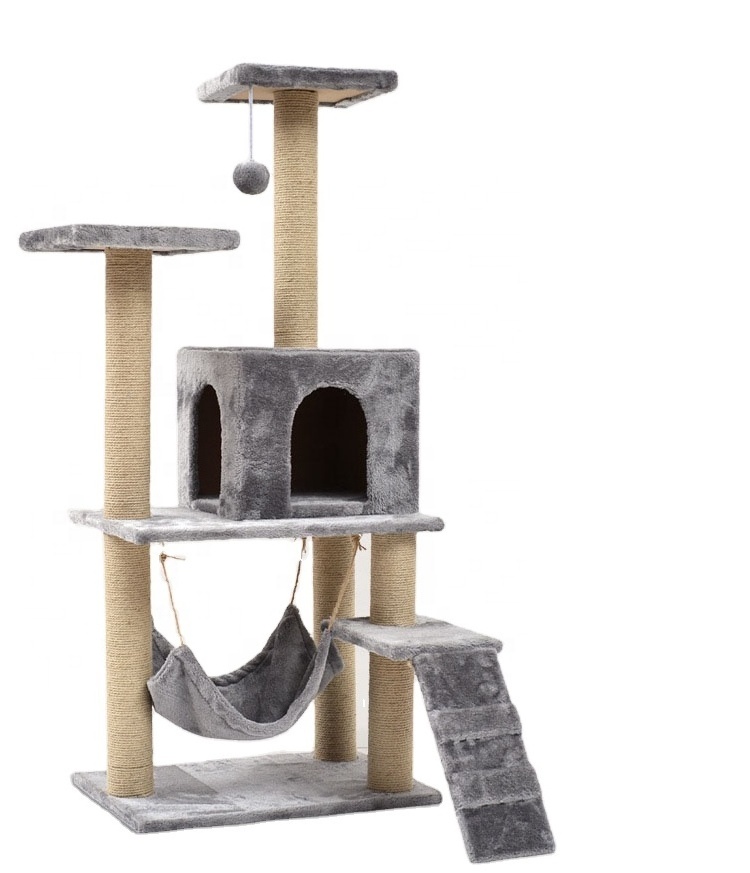 Hot Sale Home Style Natural Pet Sisal Wood Climbing Furniture Cat Tree Scratcher Post with Condo House Hammock